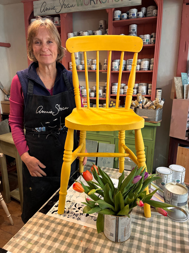 The Essentials of Furniture Painting Workshop – Monday 14th September, featuring a painted yellow chair and floral decor.