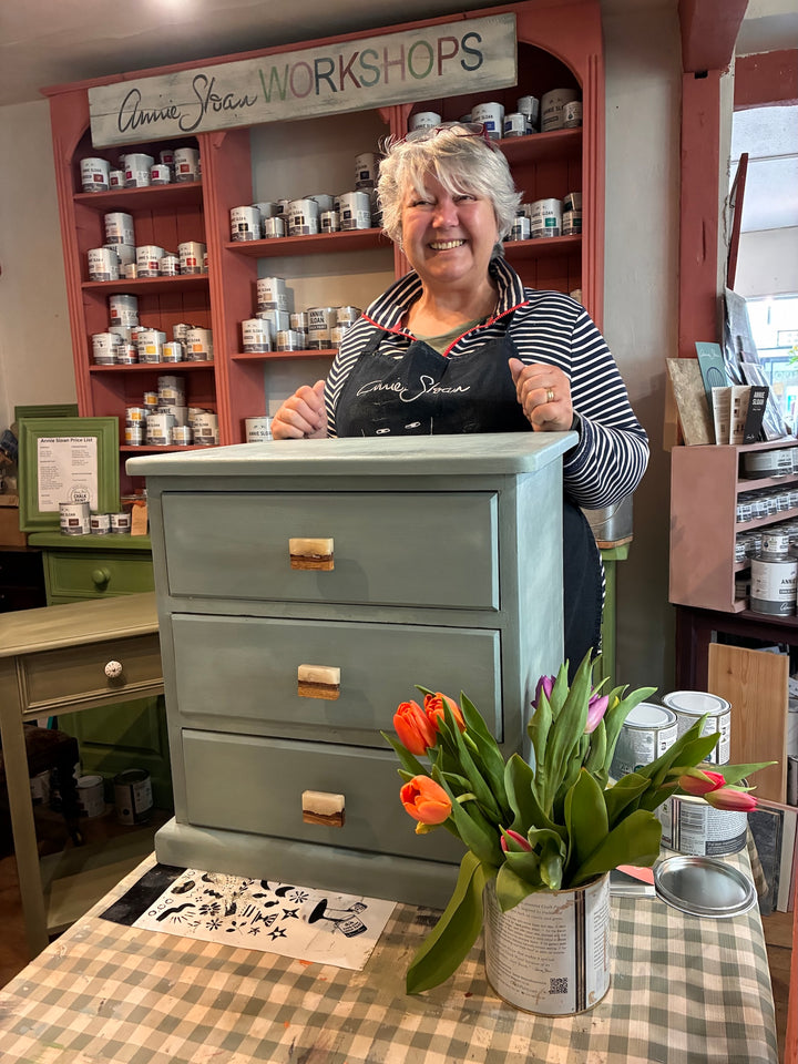 The Essentials of Furniture Painting Workshop – Monday 14th September at Source for the Goose with instructor and painted furniture.