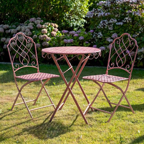 Avalon Rose Pink Garden Bistro Set with vintage design, perfect for outdoor dining and charming summer evenings.