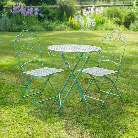 Avalon Garden Bistro Set with vintage design, antique green color, perfect for outdoor dining in Devon.