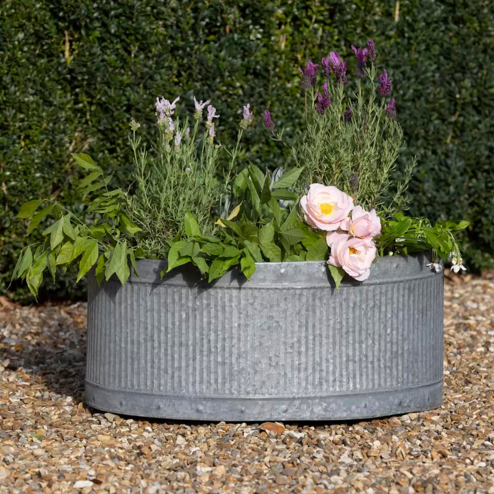 Oval Ribbed Zinc Planter filled with flowers and greenery, showcasing rustic charm and durability from Source for the Goose Devon.