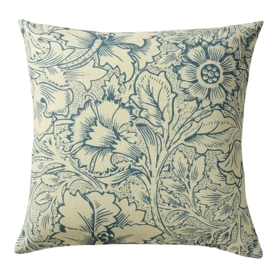 Bingham Blue Linen Mix Cushion with blue floral pattern on natural linen base, perfect for elegant interiors.