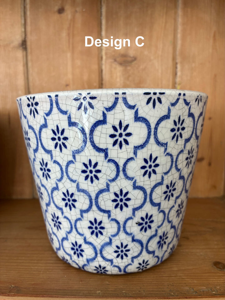 Pretty Blue Dutch Style Vintage Design Flowerpot with intricate floral patterns, ideal for decor. Source for the Goose Devon.