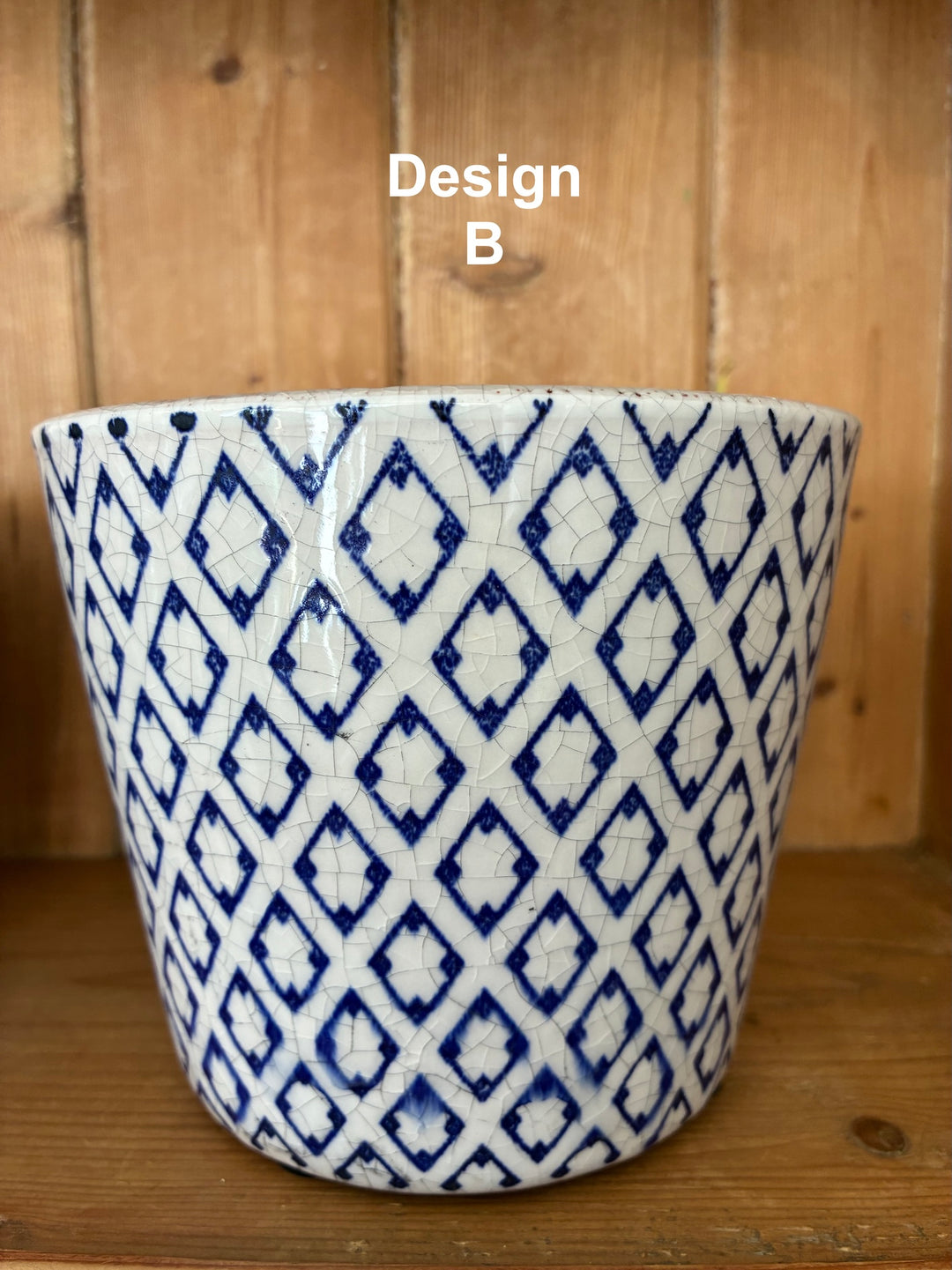 Handcrafted blue Dutch style vintage flowerpot with a diamond pattern, perfect for home decor. Source for the Goose, Devon.