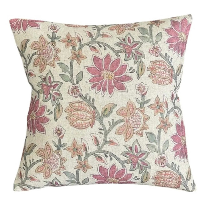 Pink and Green Floral Botanica Cushion with hand block print design featuring trailing florals in soft muted tones.