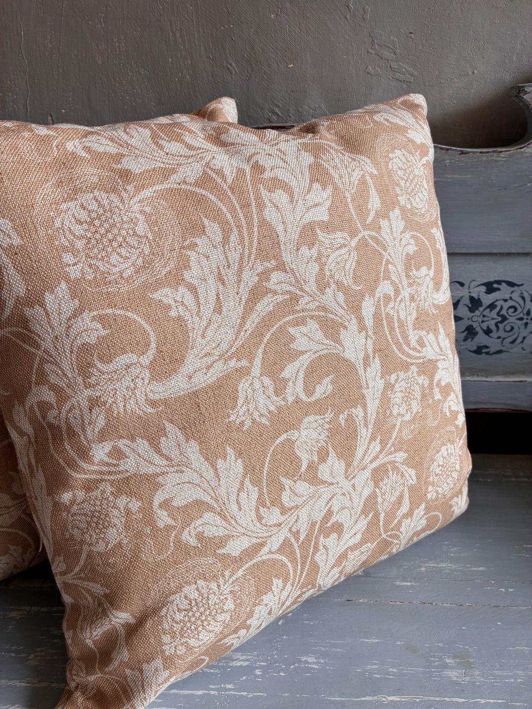 Bramble Light Corn Ochre Cushion with floral pattern on a light ochre background from Source for the Goose Devon.