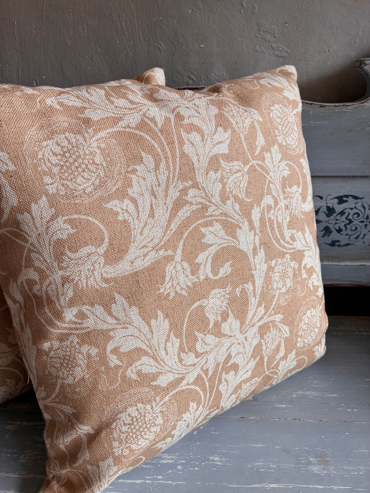 Bramble Light Corn Ochre Cushion with floral pattern on a light ochre background from Source for the Goose Devon.