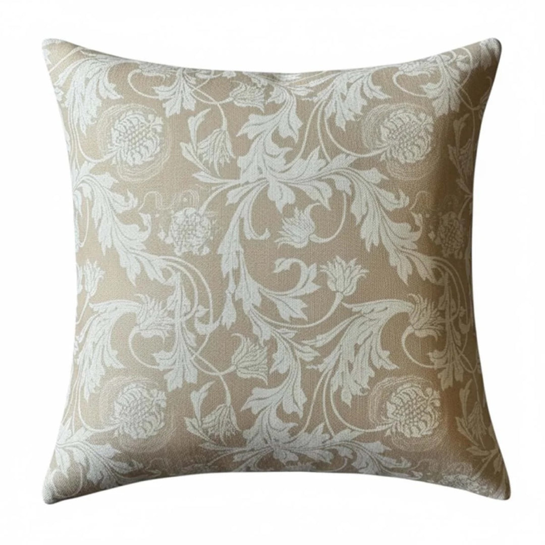 Bramble Light Corn Ochre Cushion with floral pattern on light ochre background, designed by Source for the Goose, Devon.