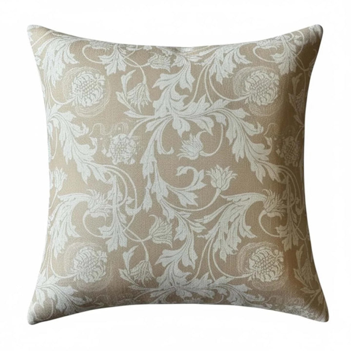 Bramble Light Corn Ochre Cushion with floral pattern on light ochre background, designed by Source for the Goose, Devon.