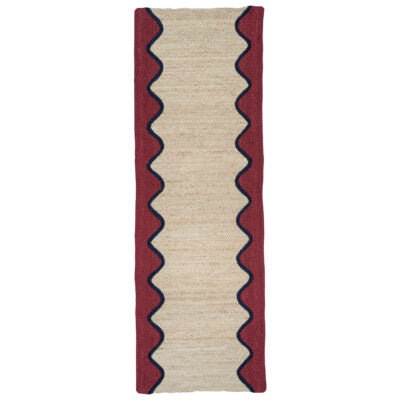 Burgundy Wave Organic Jute Braided Rug with claret wave edging and navy trim from Source for the Goose, Devon.