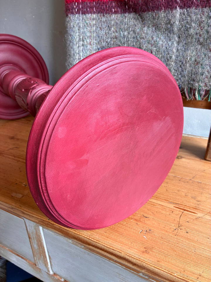 Vintage Wooden Burgundy Plant Stand with a round tabletop showing a hand-painted finish.