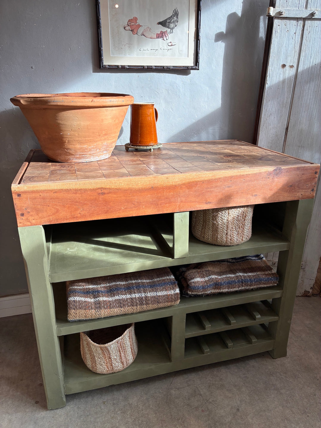 Butcher Block Kitchen Island - Olive Green with wooden top and storage baskets, ideal for kitchen decor.