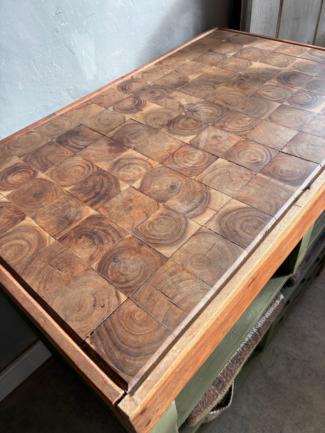 Butcher Block Kitchen Island - Olive Green with a stunning butcher block top made from hardwood.