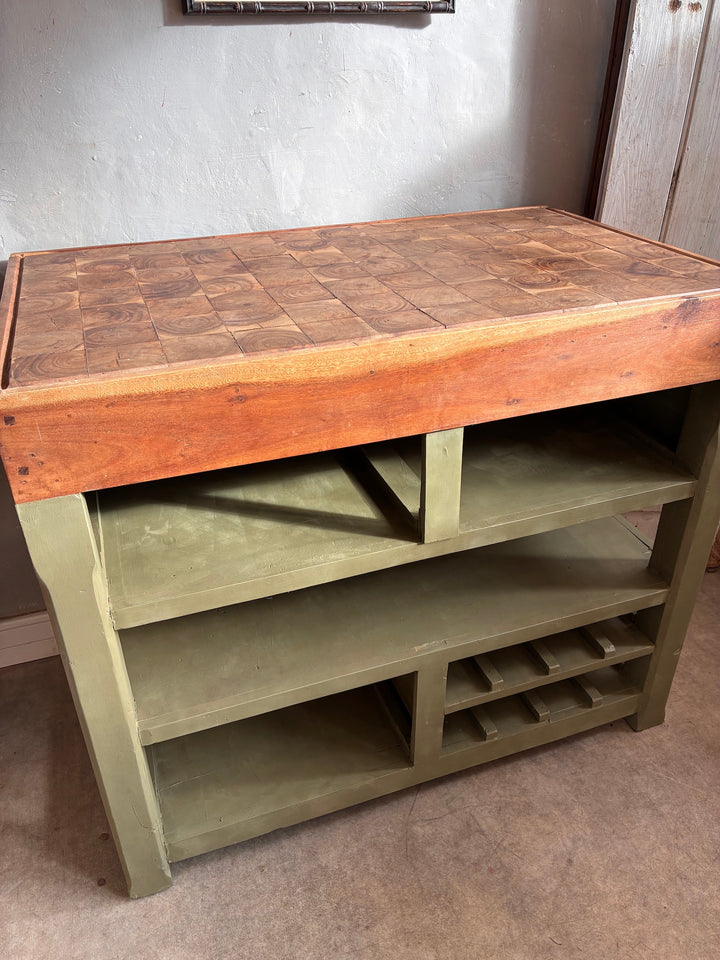 Butcher Block Kitchen Island - Olive Green with hardwood top and storage compartments, perfect for cooking and serving.