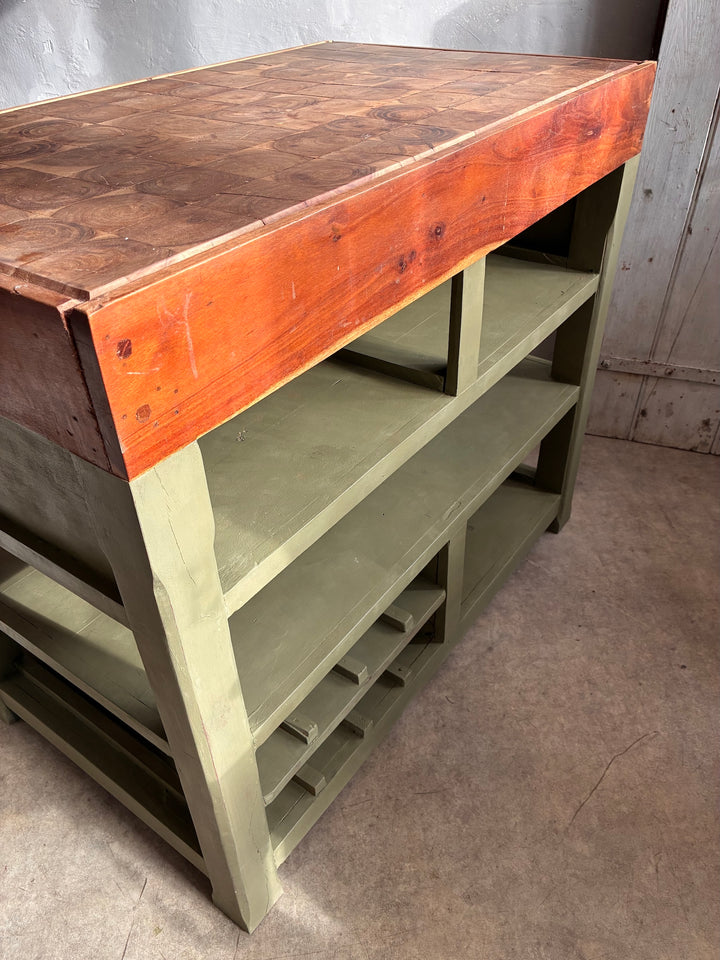 Butcher Block Kitchen Island - Olive Green with a butcher block top and multiple storage compartments.