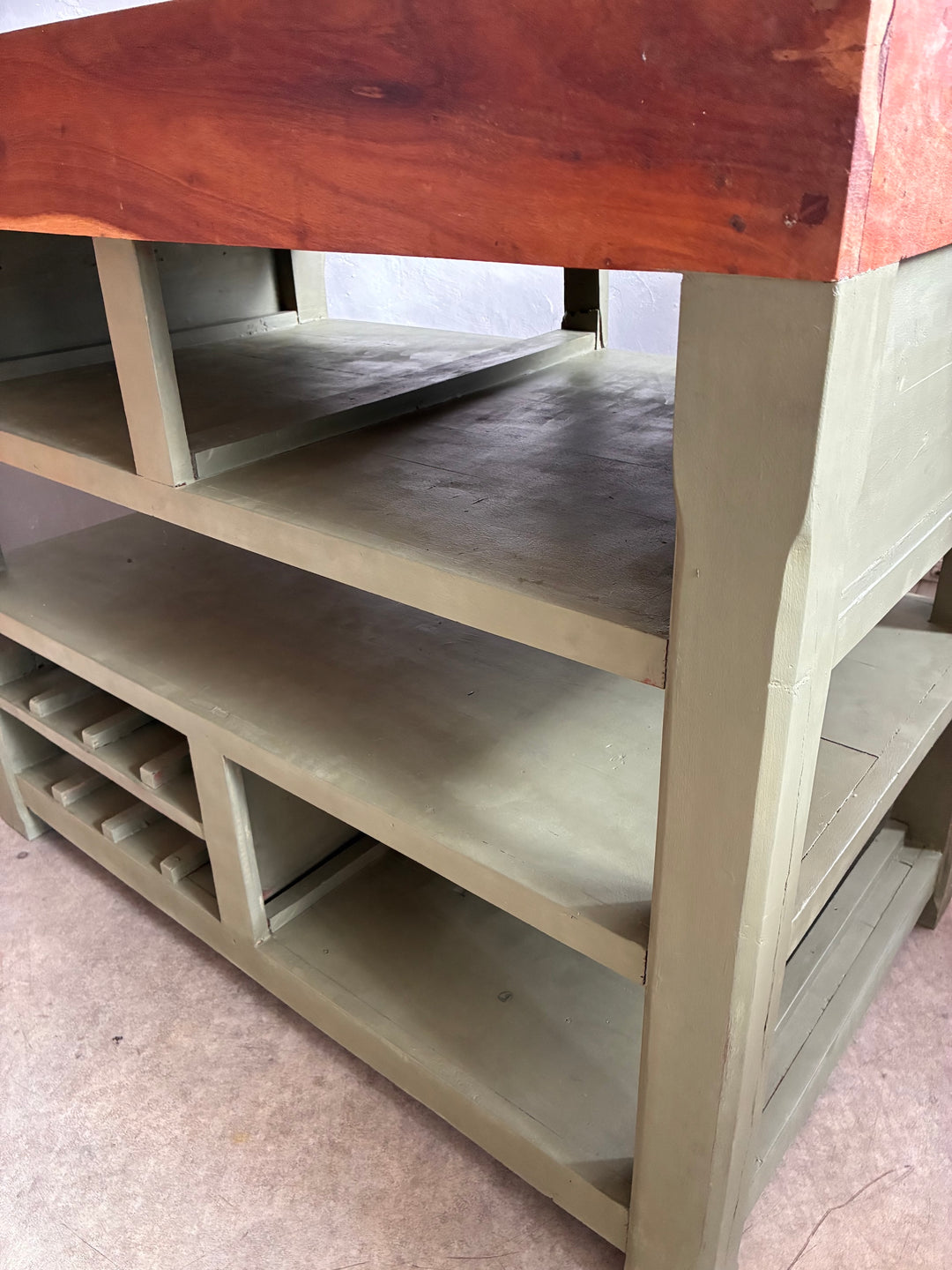 Butcher Block Kitchen Island - Olive Green with multiple storage compartments and sturdy hardwood construction.