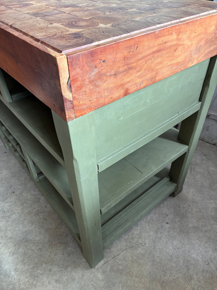 Butcher Block Kitchen Island - Olive Green with sturdy hardwood top and storage compartments.