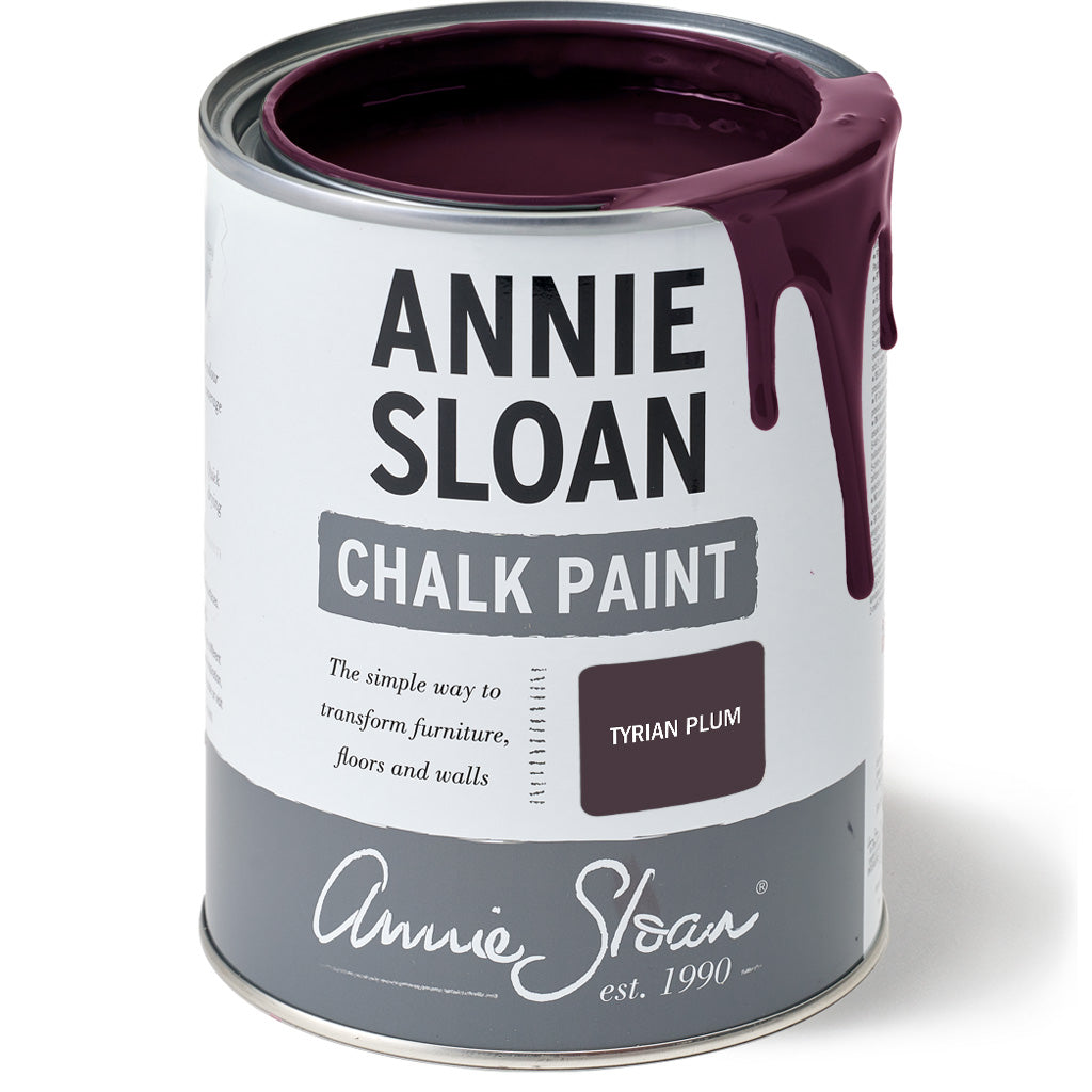 Annie Sloan 120ml Tyrian Plum Chalk Paint® can, luxurious deep maroon for furniture and decor from Source for the Goose, Devon.