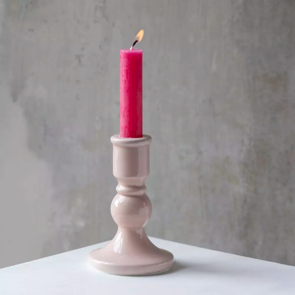 Blush Pink Crackled Glaze Candle Holder with pink candle, showcasing soft blush color and elegant design.