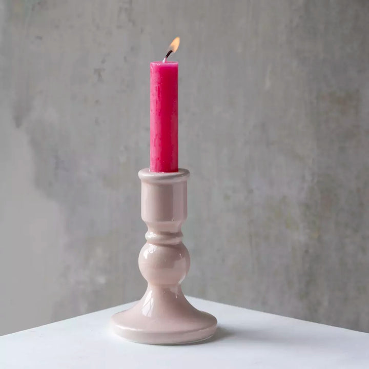 Blush Pink Crackled Glaze Candle Holder with pink candle, showcasing soft blush color and elegant design.
