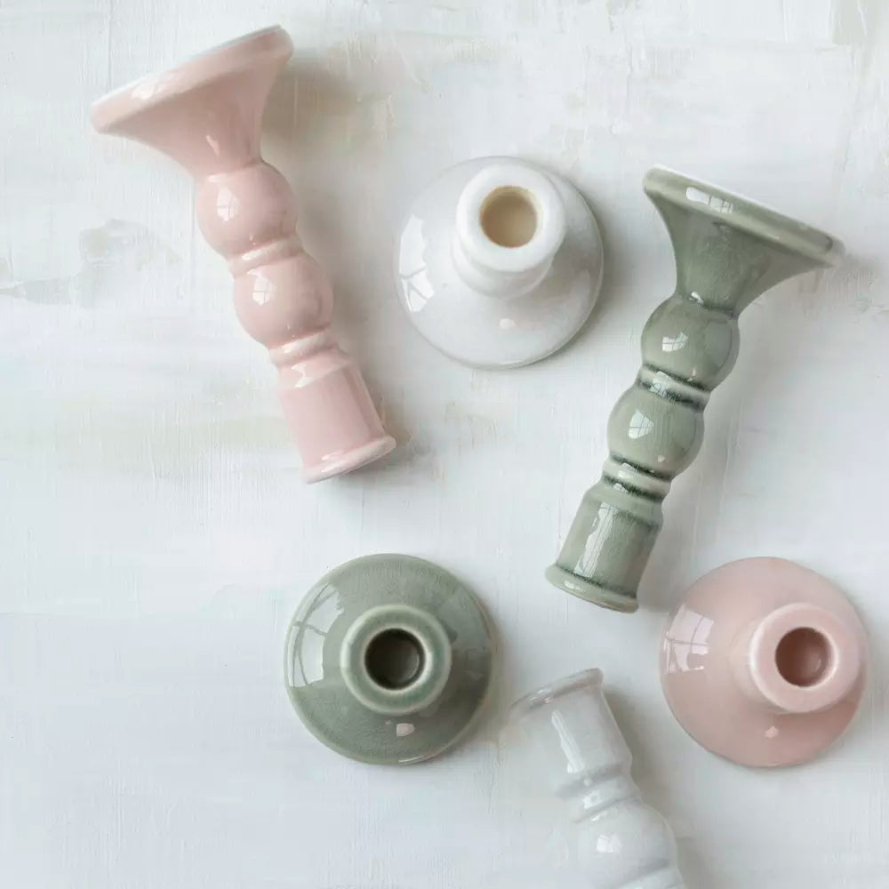 Blush Pink Crackled Glaze Candle Holder collection featuring soft blush pink, green, and white ceramic holders.