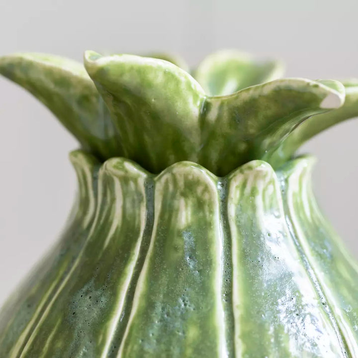Charming Green Candle Holder and Vase Duo with a glossy floral top design.