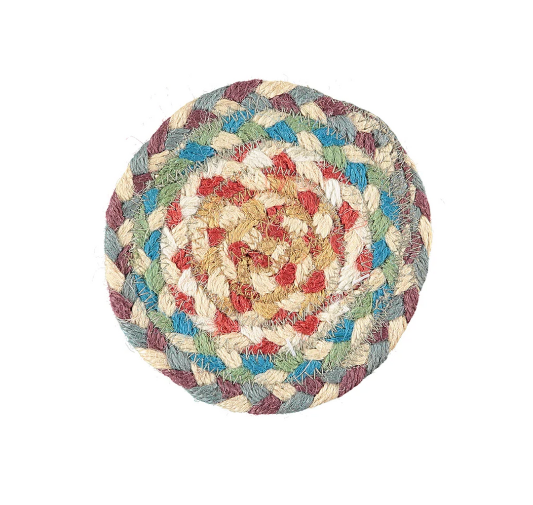 Set of Six Jute Coasters -Carnival featuring vibrant colors and braided design.