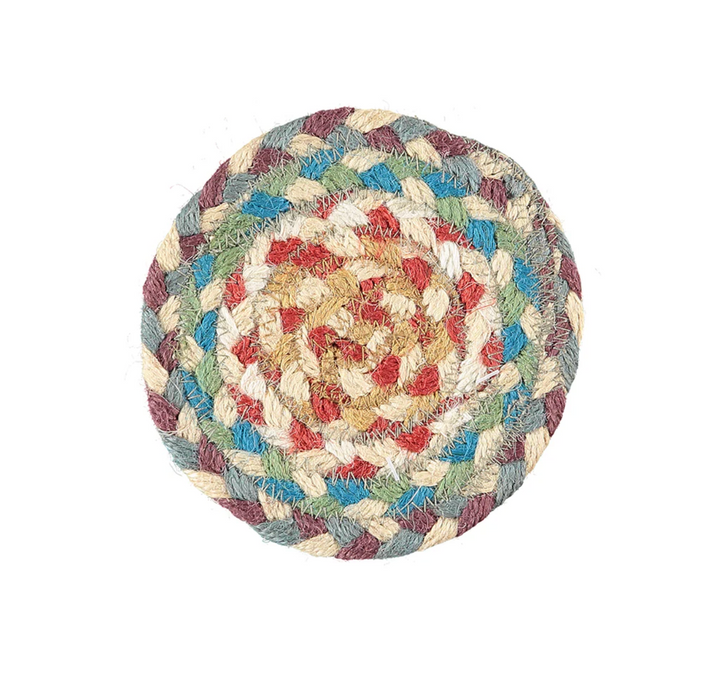 Set of Six Jute Coasters -Carnival featuring vibrant colors and braided design.