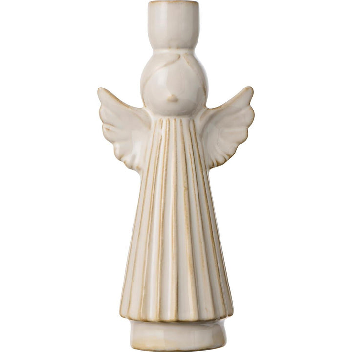 Festive ceramic angel candleholder by Source for the Goose, Devon, showcasing delicate design with fluted dress and intricate wings.