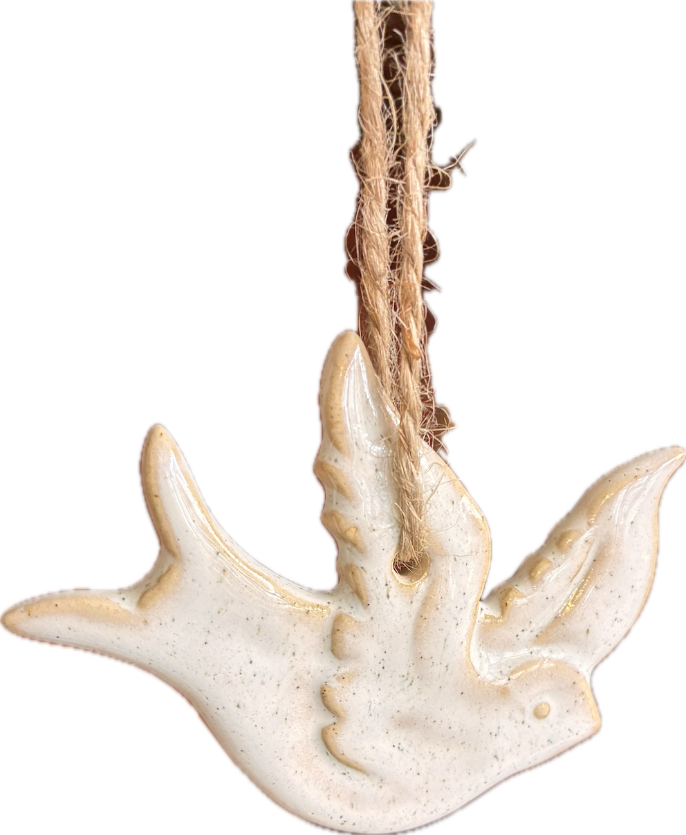 Christmas Ceramic Dove Decoration with rustic twine hanger, perfect for festive tree decor or home display.