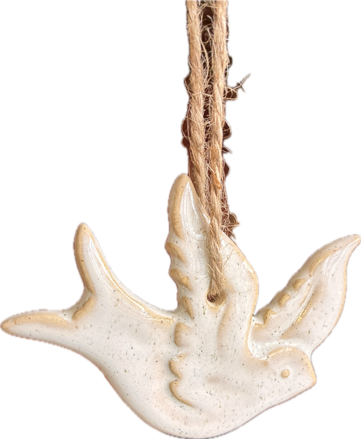 Christmas Ceramic Dove Decoration with rustic twine hanger, perfect for festive tree decor or home display.
