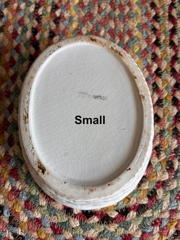 Bottom view of small Chicken Egg Holder - Portugese Ceramic showcasing craquelure and 'Made in Portugal' detail.