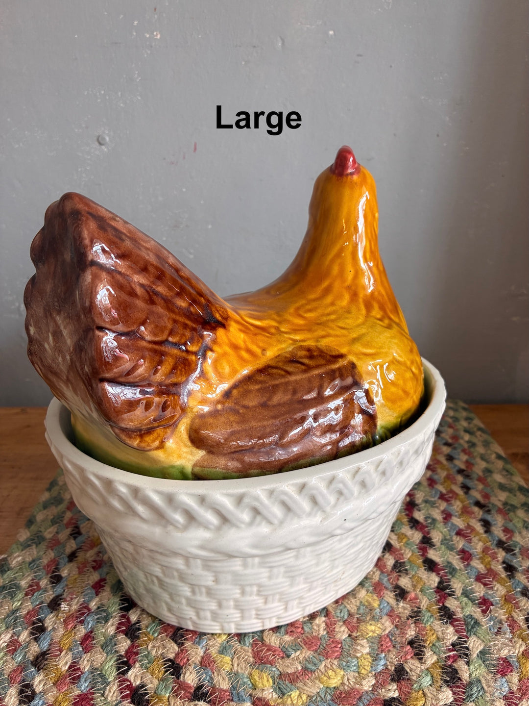 Chicken Egg Holder - Portugese Ceramic in warm orange and brown tones, large chicken shaped holder with cream basket.