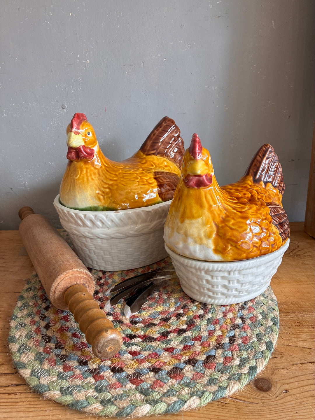 Chicken Egg Holder - Portugese Ceramic with colorful chicken design and cream basket, perfect for eggs.