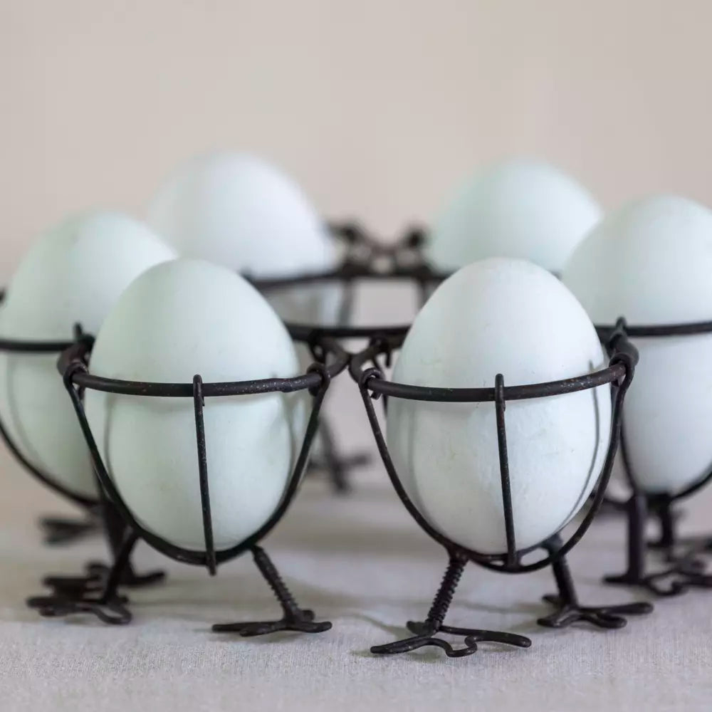 Chicken Feet Wire Egg Holder displaying six eggs in a rustic metal rack with chicken feet design.