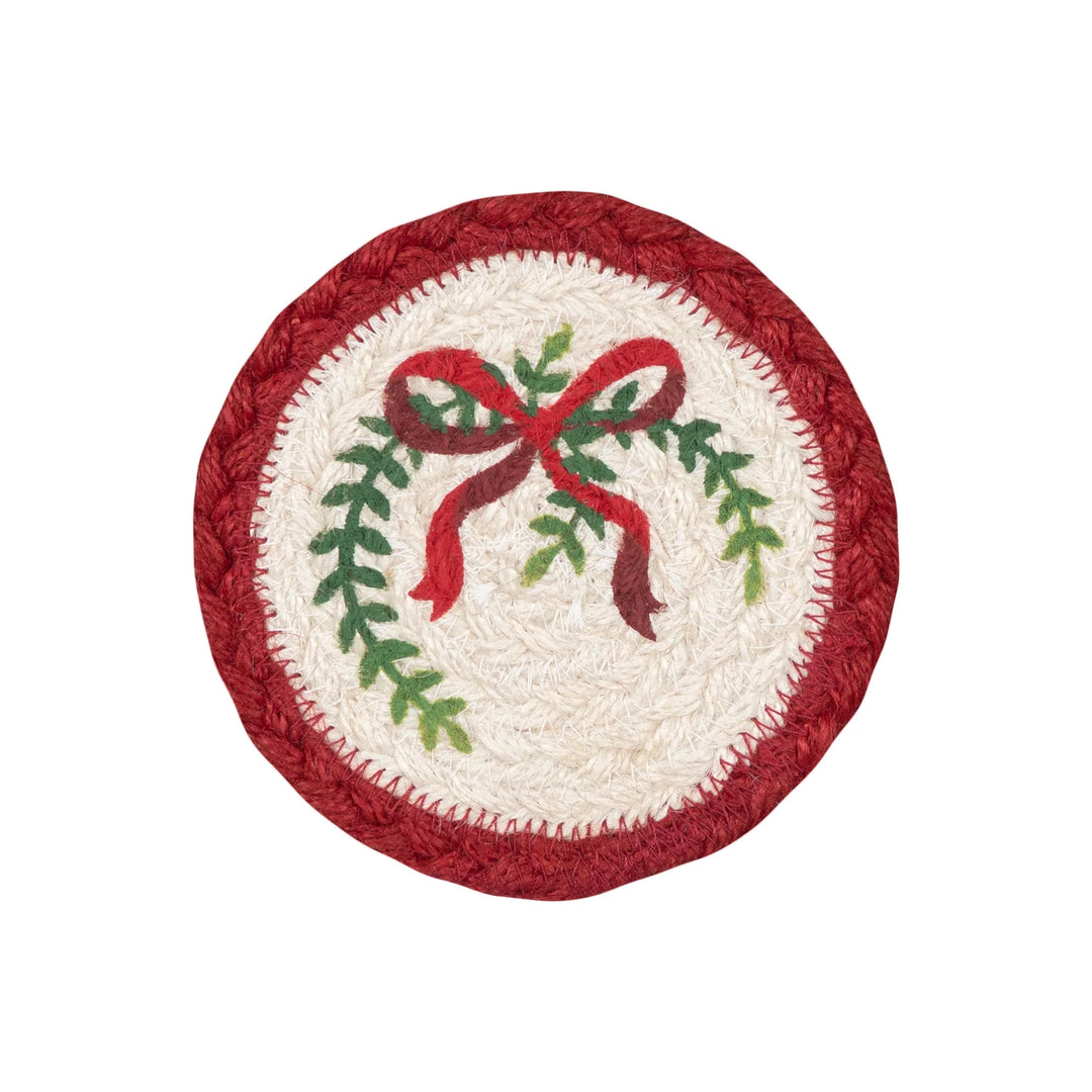 Christmas Ribbon Jute Coasters - Set of Six featuring a festive red bow and greenery design.