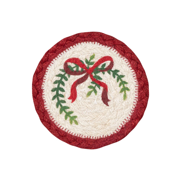 Christmas Ribbon Jute Coasters - Set of Six featuring a festive red bow and greenery design.