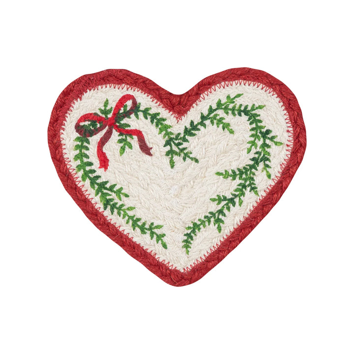 Heart Shaped Christmas Ribbon Jute Coaster featuring festive red ribbon and greenery design.