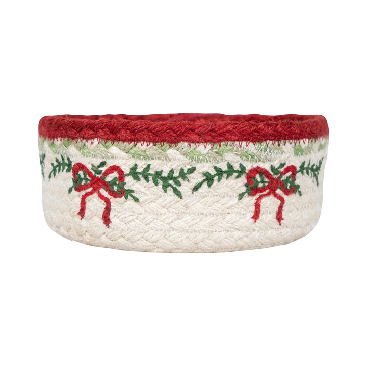 Christmas Ribbon Jute Mini Basket with festive red ribbon and greenery design, perfect for traditional Christmas decor.