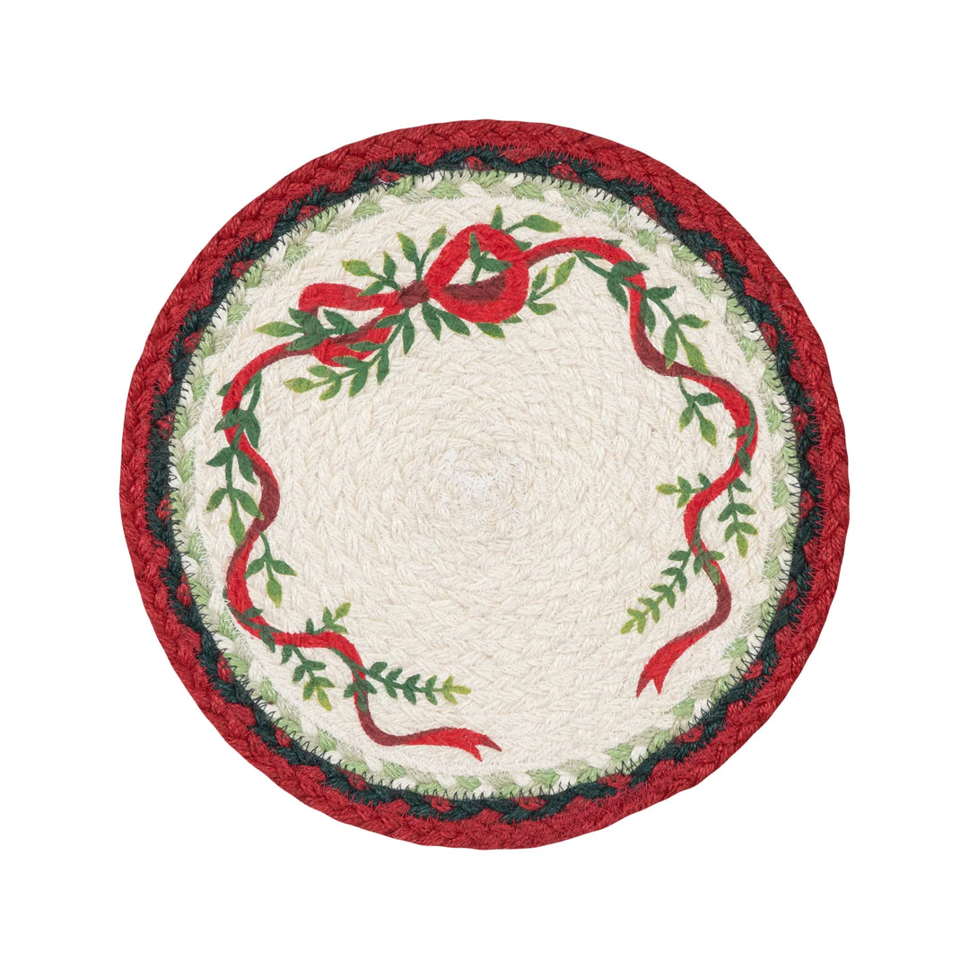 Set of Six Christmas Ribbon Round Jute Placemats - 30cm featuring festive red ribbon and greenery design on jute.