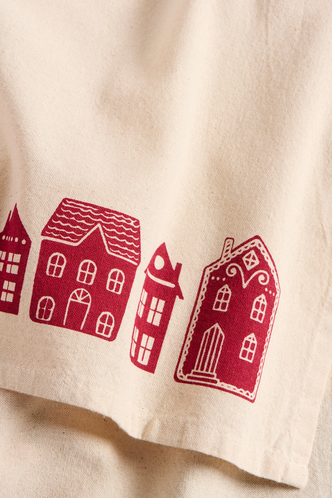 Soft Washed ChristmasTea Towel with Red Houses
