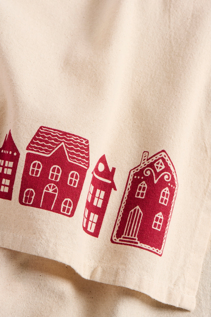 Soft Washed ChristmasTea Towel with Red Houses