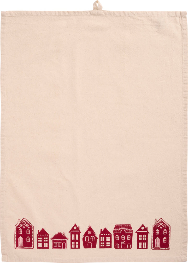 Soft Washed ChristmasTea Towel with Red Houses
