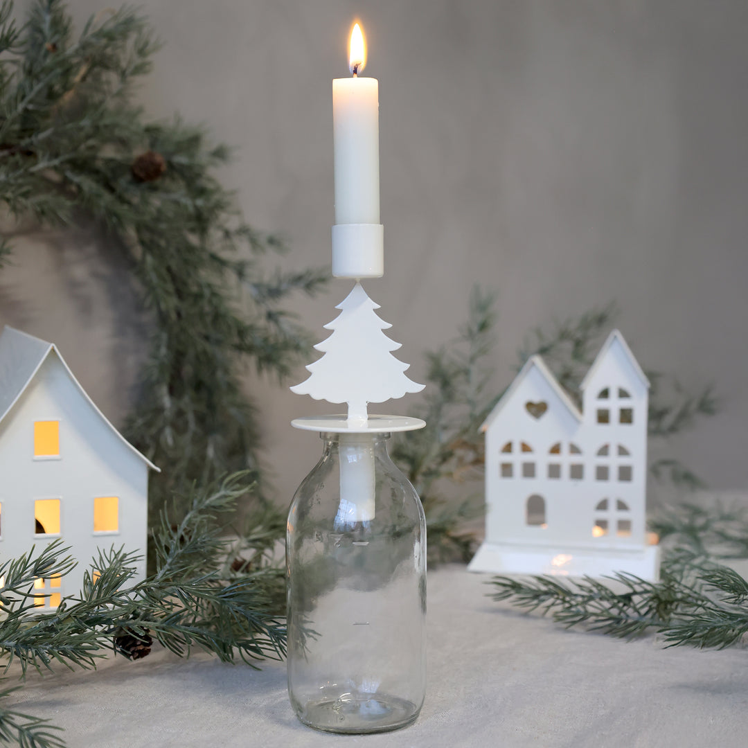 Christmas Tree Design Bottle Candle Holder by Source for the Goose, Devon, crafted from light cream metal.