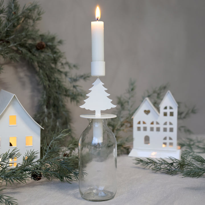 Christmas Tree Design Bottle Candle Holder by Source for the Goose, Devon, crafted from light cream metal.