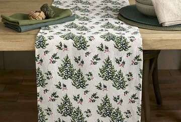Snowy Trees Long Table Runner featuring green trees, holly, and berries on a white background, ideal for festive gatherings.