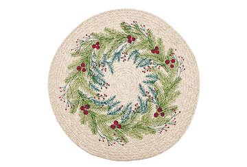 "Circular Christmas wreath placemat with rustic charm and woven texture, available at Source for the Goose, Devon."