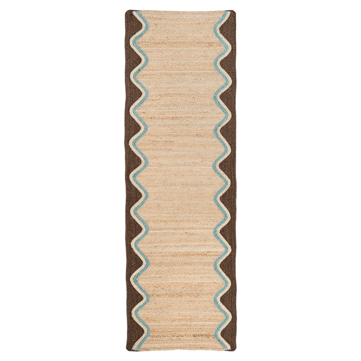 Cocoa Wave Organic Jute Braided Rug featuring a cocoa wave border and greeny blue trim, perfect for rustic charm.