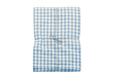 Cornflower blue gingham tablecloth from Source for the Goose, Devon, showcasing rustic charm and soft cotton fabric.