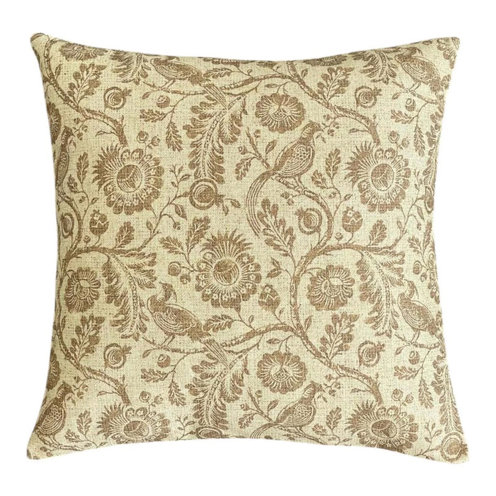 Countryside Mustard Cushion featuring block printed oak leaf and pheasant floral pattern in warm tones.